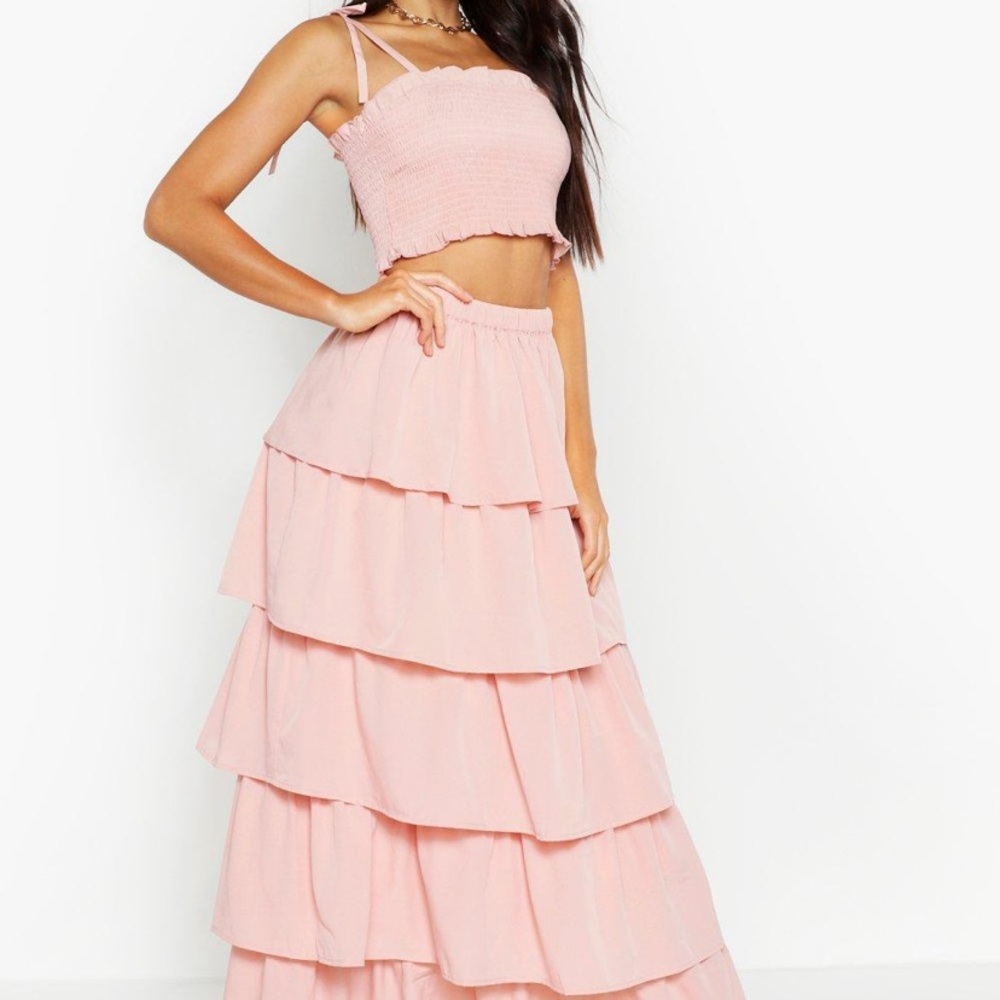 Shirred Bandeau & Ruffle Maxi Skirt Co-Ord